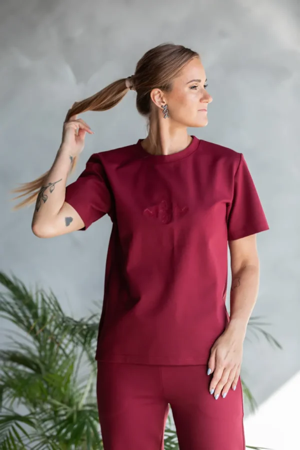 bordoopunane naiste vabaaja t-särk tikandiga